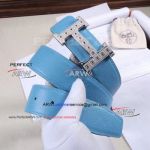 Perfect Replica Hermes Blue Leather Belt With Diamonds Stainless Steel Buckle